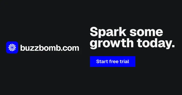 Social ad for BuzzBomb: "Spark some growth today." Brutalist style, logo hero layout, dark palette in black, grey.