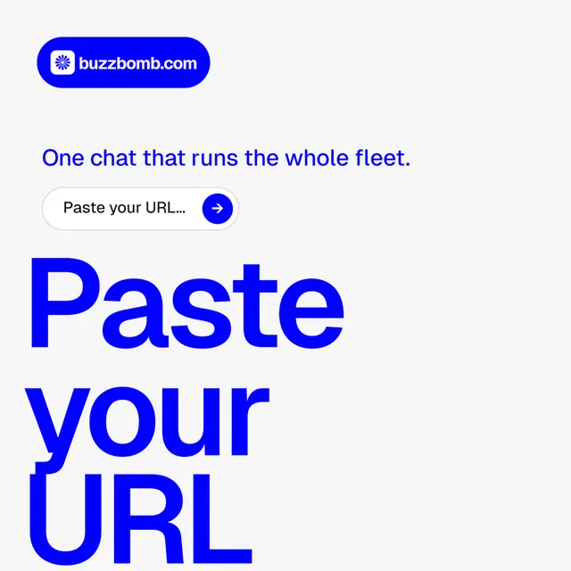 Instagram post for BuzzBomb: "Paste your URL." Agentic glass style, oversized layout, light palette in white, blue.