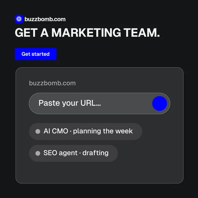 Instagram post for BuzzBomb: "Get a marketing team." Swiss style, skeleton layout, dark palette in black, grey.