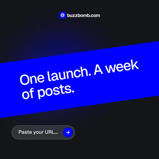 Instagram post for BuzzBomb: "One launch. A week of posts." Agentic glass style, diagonal layout, dark palette in black, blue.