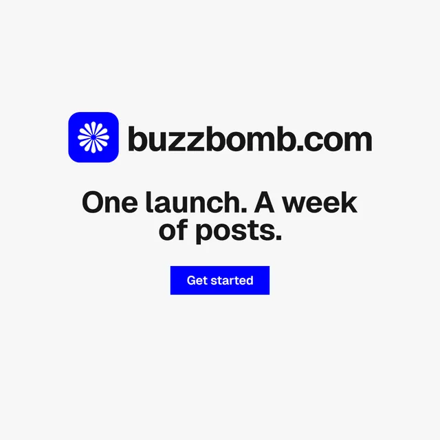 Instagram post for BuzzBomb: "One launch. A week of posts." Swiss style, logo hero layout, light palette in white.