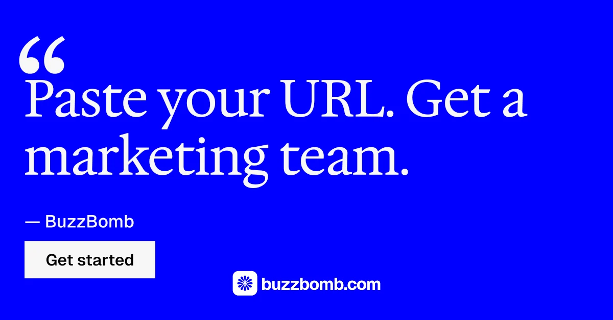 Social ad for BuzzBomb: "One launch. A week of posts." Split block style, quote layout, dark palette in blue.