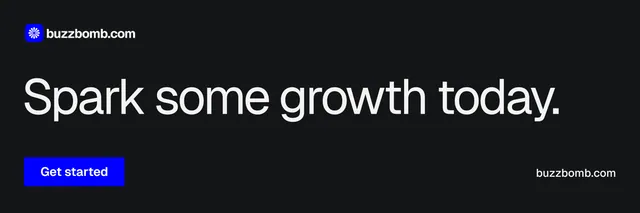 X header for BuzzBomb: "Spark some growth today." Swiss style, poster layout, dark palette in black, grey.