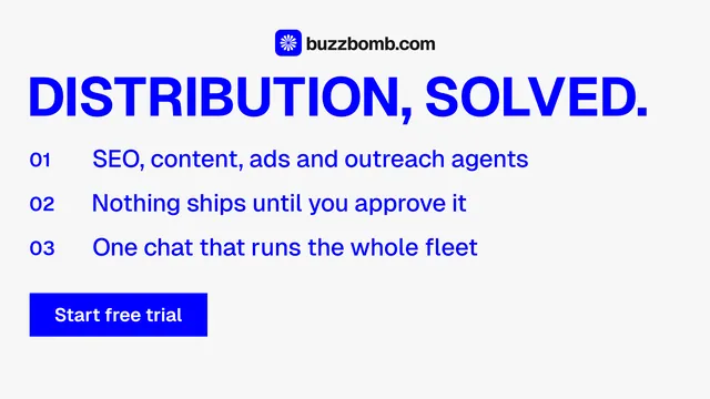 Landscape graphic for BuzzBomb: "Distribution, solved." Swiss style, numbered layout, light palette in white, blue.