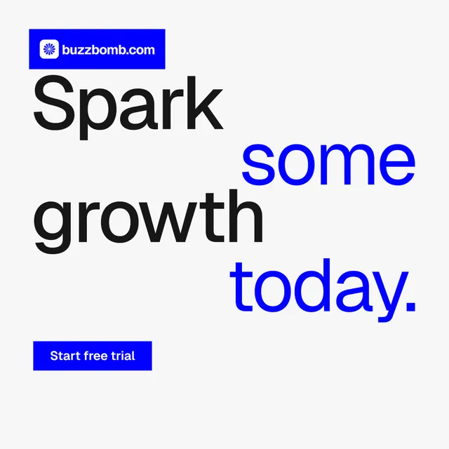 Instagram post for BuzzBomb: "Spark some growth today." Swiss style, stacked layout, light palette in white, blue.