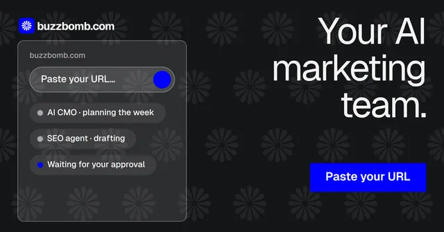 Social ad for BuzzBomb: "Your AI marketing team." Split block style, right layout, dark palette in black, grey.