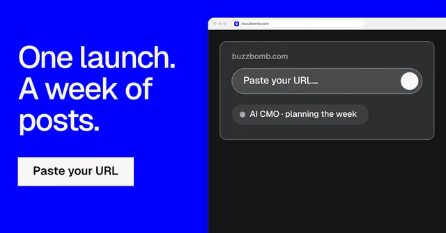 Social ad for BuzzBomb: "One launch. A week of posts." Split block style, browser layout, dark palette in blue, grey.
