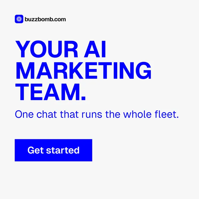 Instagram post for BuzzBomb: "Your AI marketing team." Swiss style, skeleton layout, light palette in white, blue.