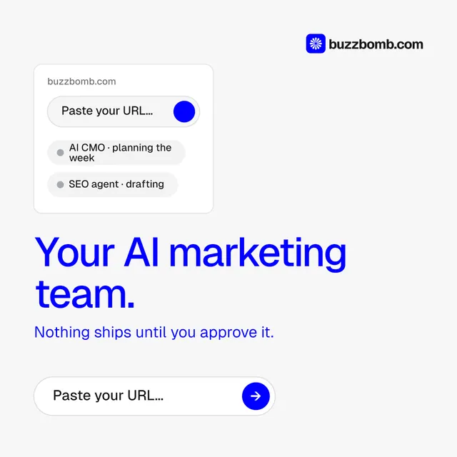 Instagram post for BuzzBomb: "Your AI marketing team." Agentic glass style, skeleton layout, light palette in white, blue.