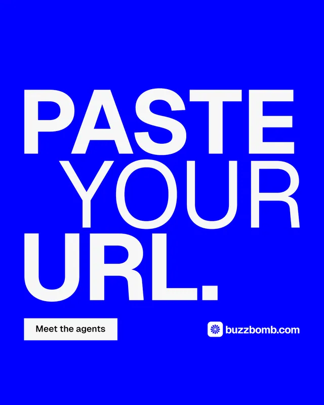Instagram portrait post for BuzzBomb: "Paste your URL." Swiss style, stacked layout, dark palette in blue, white.