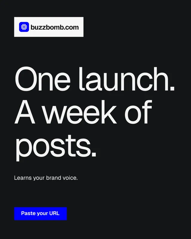 Instagram portrait post for BuzzBomb: "One launch. A week of posts." Split block style, announce layout, dark palette in black, grey.