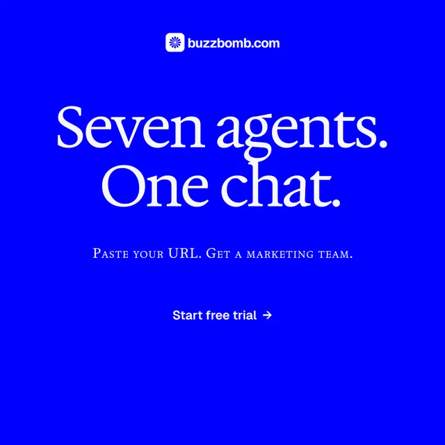 Instagram post for BuzzBomb: "Seven agents. One chat." Split block style, smallcaps layout, dark palette in blue.