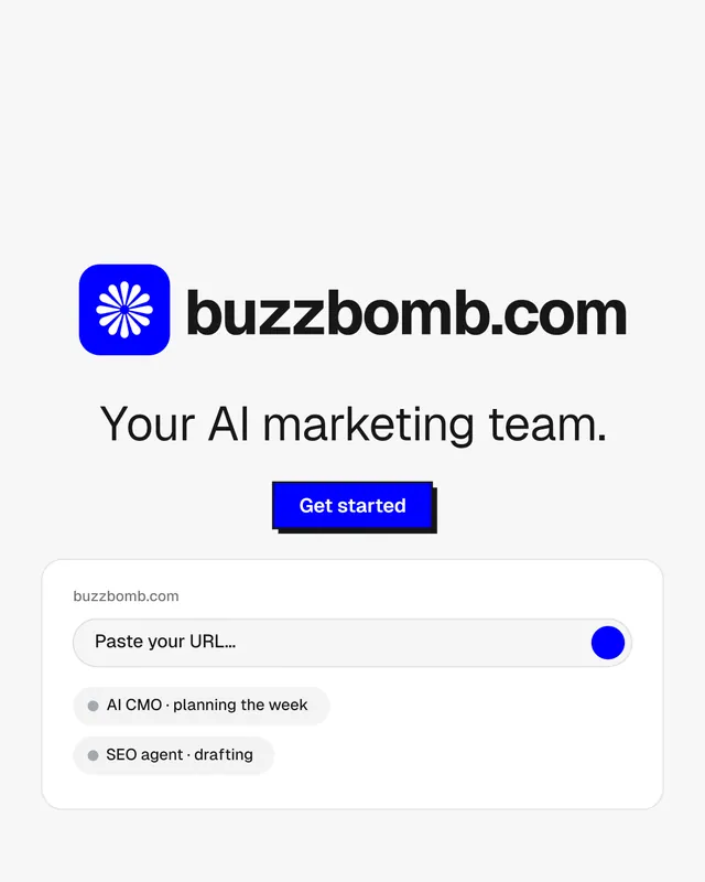 Instagram portrait post for BuzzBomb: "Your AI marketing team." Brutalist style, logo hero layout, light palette in white, blue.