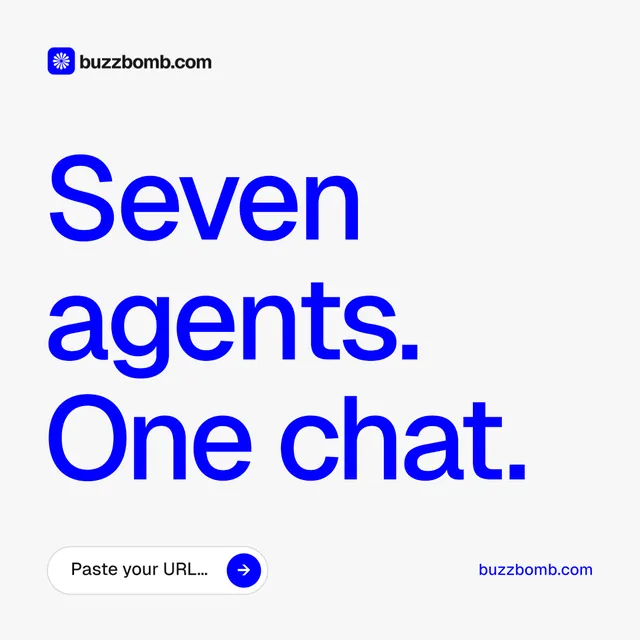Instagram post for BuzzBomb: "Seven agents. One chat." Agentic glass style, poster layout, light palette in white, blue.