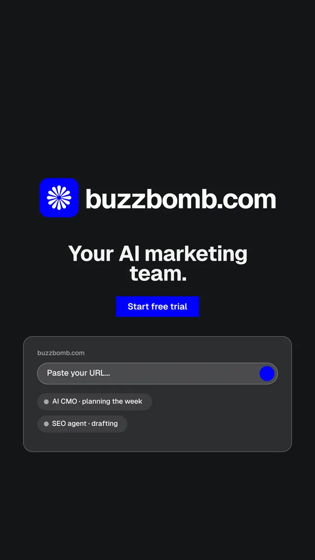 Instagram story for BuzzBomb: "Your AI marketing team." Split block style, logo hero layout, dark palette in black, grey.