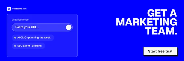 X header for BuzzBomb: "Get a marketing team." Brutalist style, right layout, dark palette in blue.