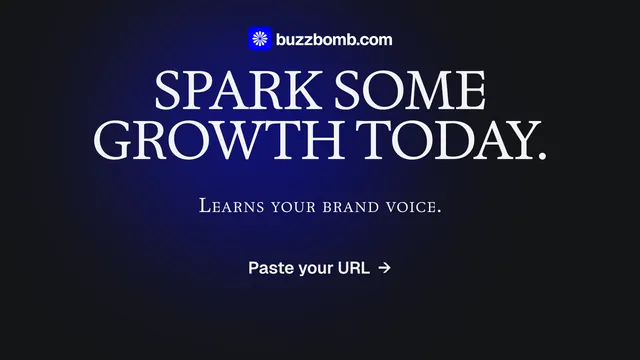 Landscape graphic for BuzzBomb: "Spark some growth today." Agentic glass style, smallcaps layout, dark palette in black, blue.