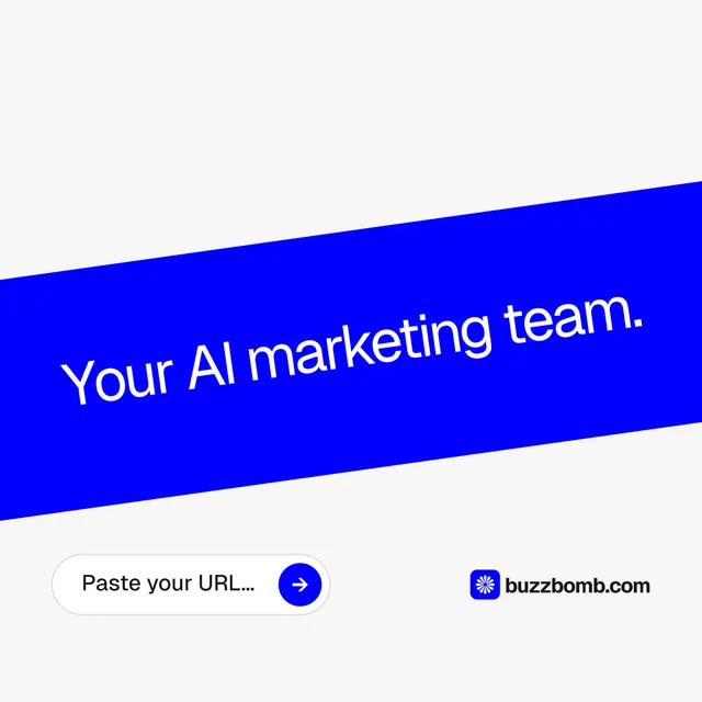 Instagram post for BuzzBomb: "Your AI marketing team." Agentic glass style, diagonal layout, light palette in white, blue.