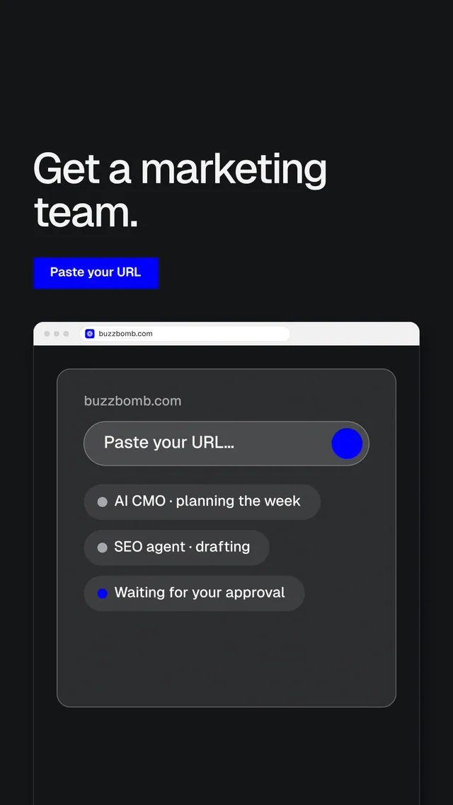 Instagram story for BuzzBomb: "Get a marketing team." Split block style, browser layout, dark palette in black, grey.