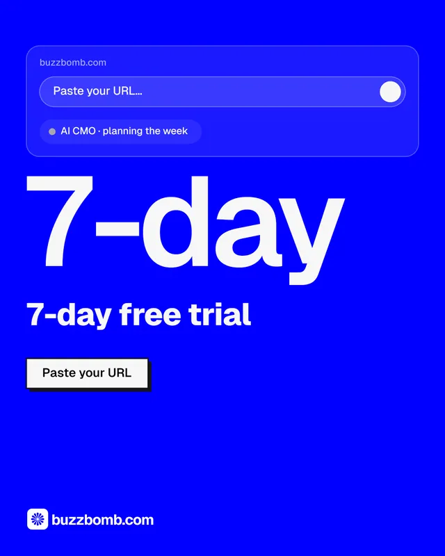 Instagram portrait post for BuzzBomb: "Seven agents. One chat." Brutalist style, stat layout, dark palette in blue.