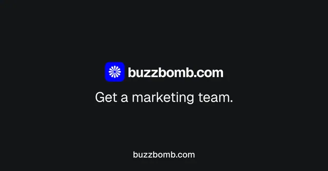 Social ad for BuzzBomb: "Get a marketing team." Swiss style, end card layout, dark palette in black.