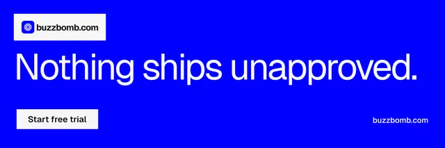 X header for BuzzBomb: "Nothing ships unapproved." Swiss style, poster layout, dark palette in blue.