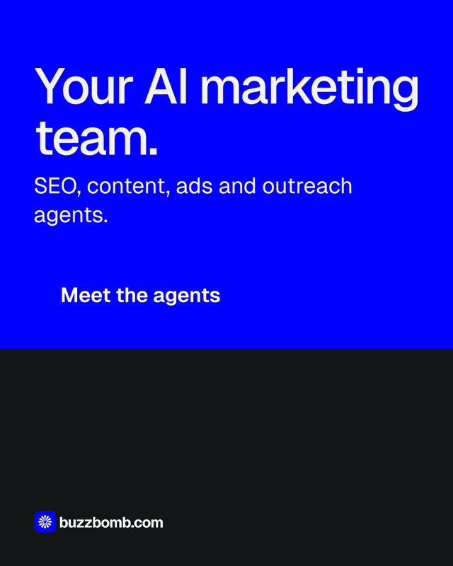 Instagram portrait post for BuzzBomb: "Your AI marketing team." Split block style, skeleton layout, dark palette in blue, black.
