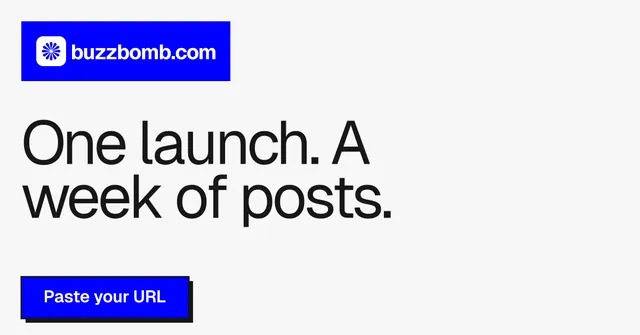 Social ad for BuzzBomb: "One launch. A week of posts." Brutalist style, announce layout, light palette in white, grey, blue.