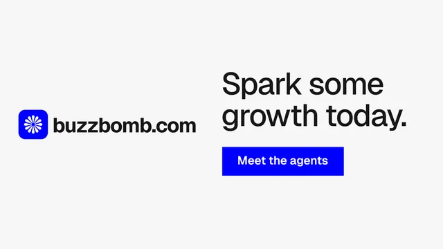 Landscape graphic for BuzzBomb: "Spark some growth today." Swiss style, logo hero layout, light palette in white.