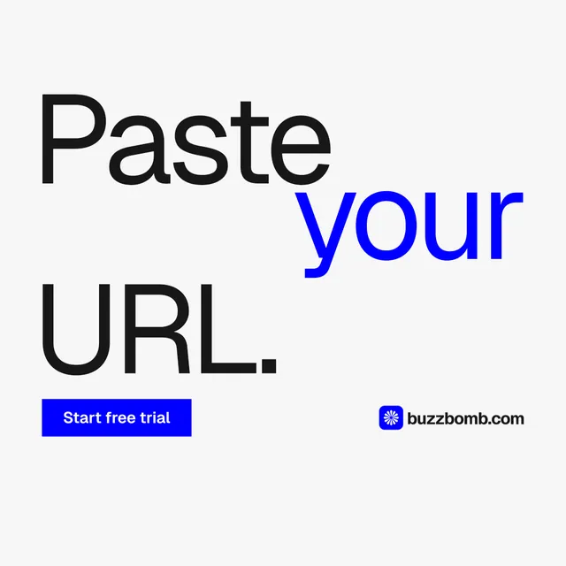 Instagram post for BuzzBomb: "Paste your URL." Swiss style, stacked layout, light palette in white, blue.