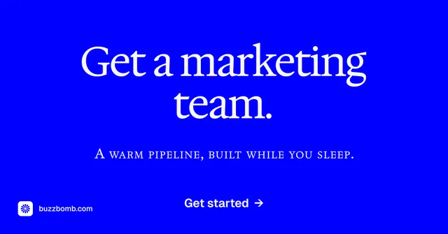 Social ad for BuzzBomb: "Get a marketing team." Split block style, smallcaps layout, dark palette in blue.