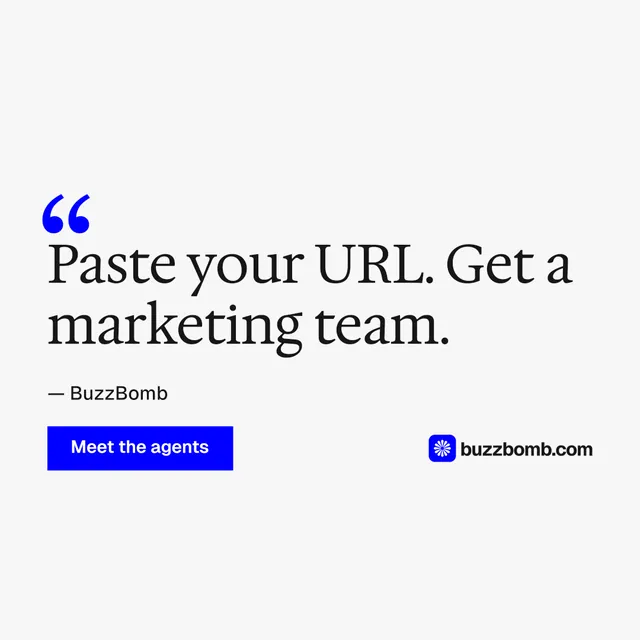 Instagram post for BuzzBomb: "Get a marketing team." Swiss style, quote layout, light palette in white.