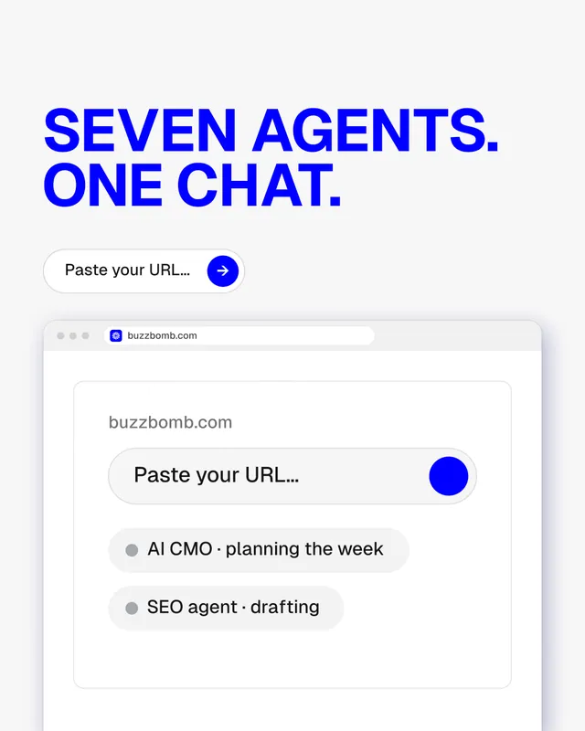 Instagram portrait post for BuzzBomb: "Seven agents. One chat." Agentic glass style, browser layout, light palette in white, blue.