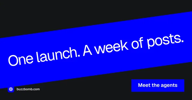 Social ad for BuzzBomb: "One launch. A week of posts." Split block style, diagonal layout, dark palette in black, blue.