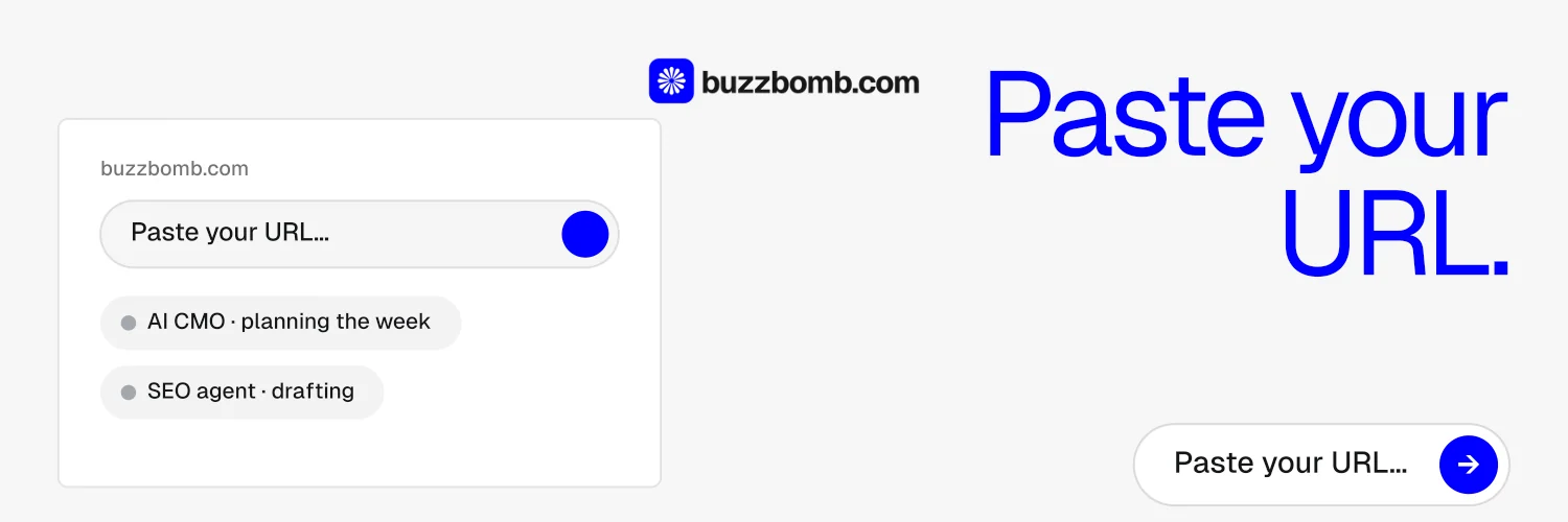 X header for BuzzBomb: "Paste your URL." Agentic glass style, right layout, light palette in white, blue.