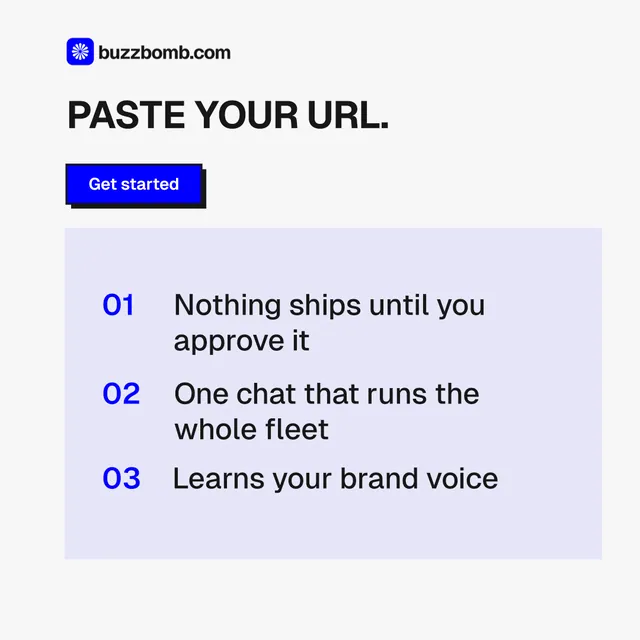 Instagram post for BuzzBomb: "Paste your URL." Brutalist style, skeleton layout, light palette in white, blue.