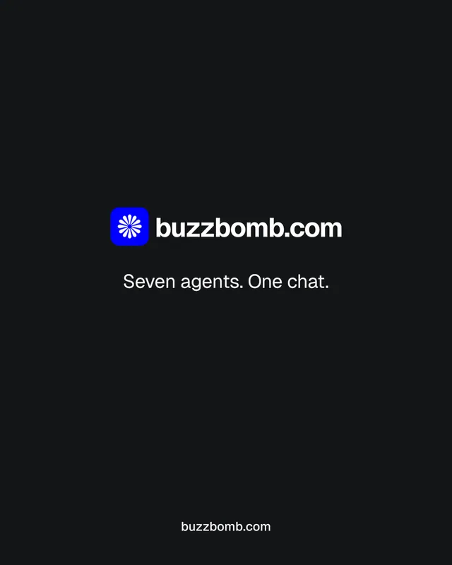 Instagram portrait post for BuzzBomb: "Seven agents. One chat." Swiss style, end card layout, dark palette in black.