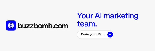X header for BuzzBomb: "Your AI marketing team." Agentic glass style, logo hero layout, light palette in white, blue.