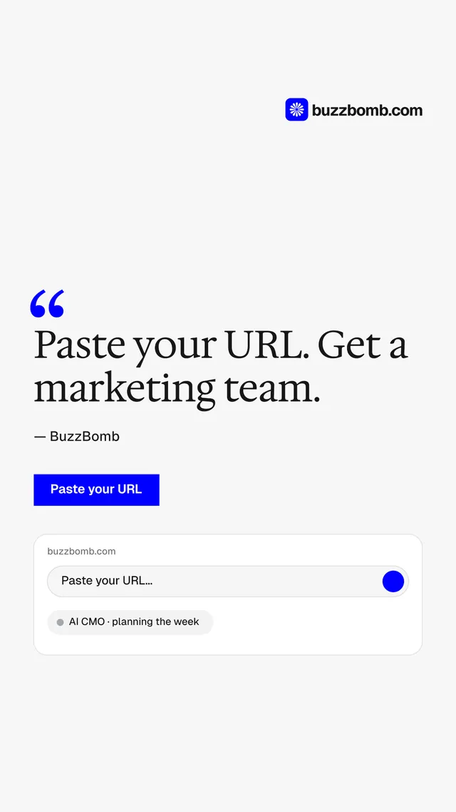 Instagram story for BuzzBomb: "Get a marketing team." Swiss style, quote layout, light palette in white.