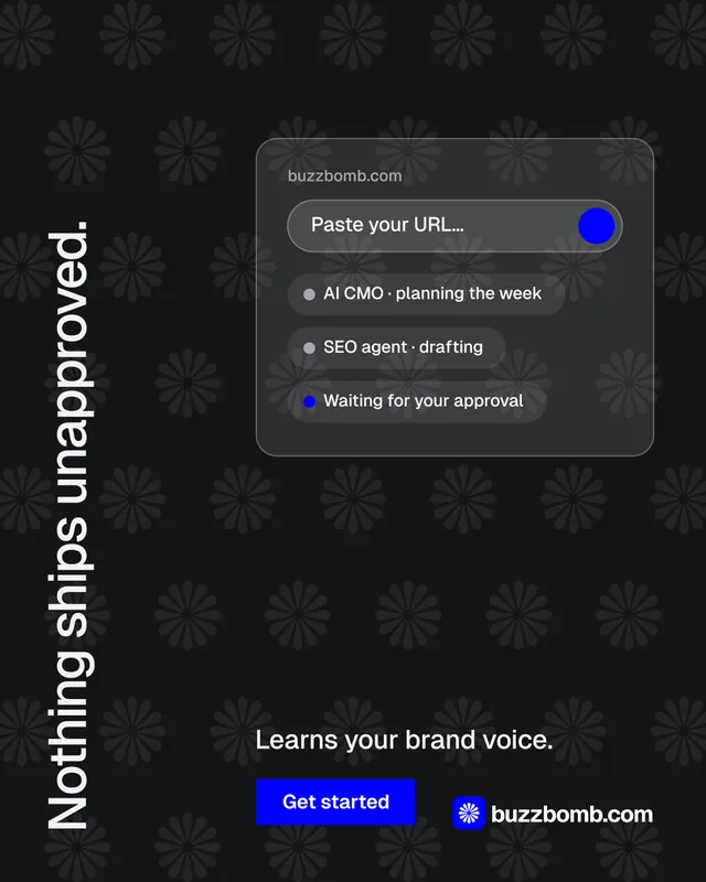 Instagram portrait post for BuzzBomb: "Nothing ships unapproved." Swiss style, vertical layout, dark palette in black, grey.