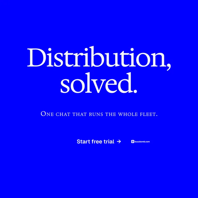 Instagram post for BuzzBomb: "Distribution, solved." Swiss style, smallcaps layout, dark palette in blue.