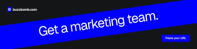 LinkedIn banner for BuzzBomb: "Get a marketing team." Split block style, diagonal layout, dark palette in blue, black.