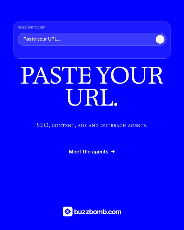 Instagram portrait post for BuzzBomb: "Paste your URL." Split block style, smallcaps layout, dark palette in blue.