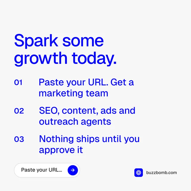 Instagram post for BuzzBomb: "Spark some growth today." Agentic glass style, numbered layout, light palette in white, blue.