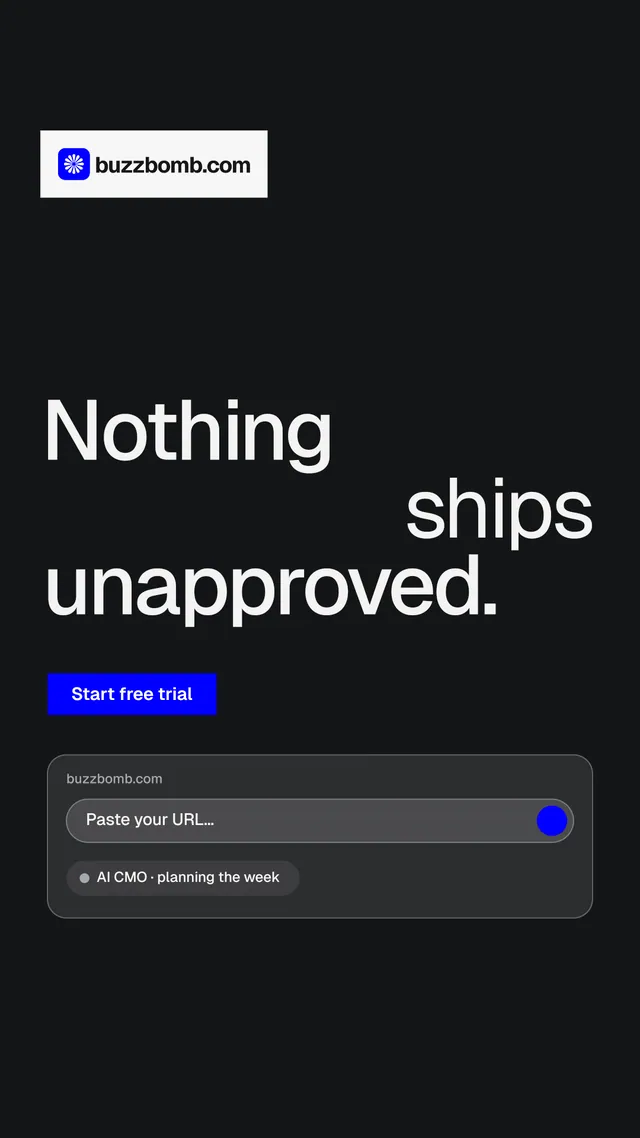 Instagram story for BuzzBomb: "Nothing ships unapproved." Split block style, stacked layout, dark palette in black, grey.