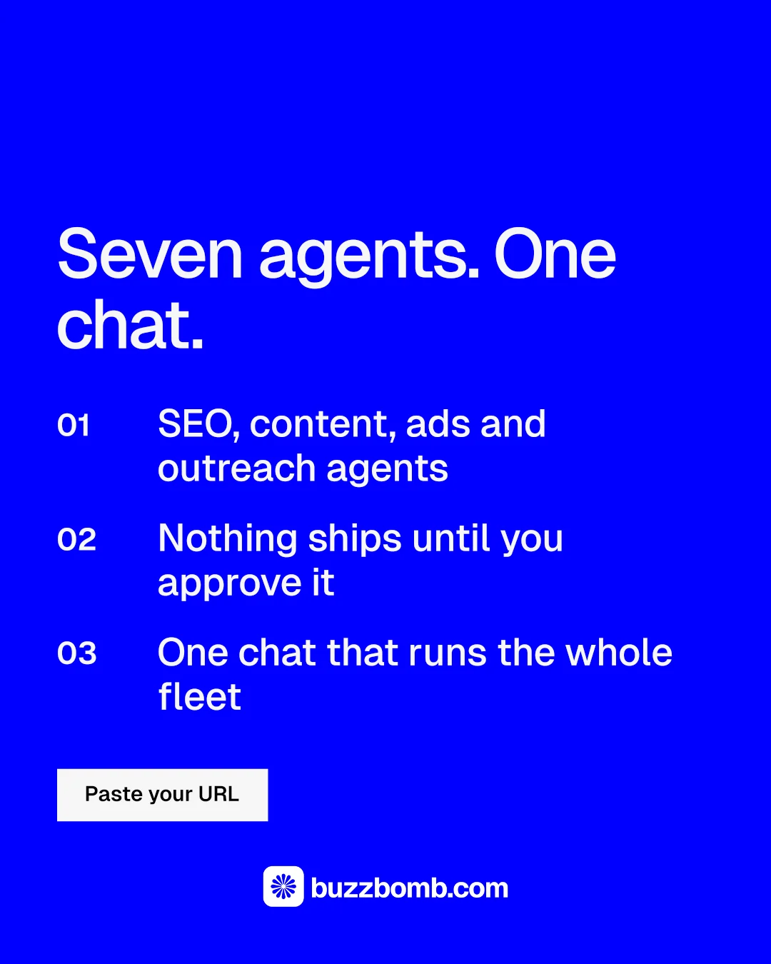 Instagram portrait post for BuzzBomb: "Seven agents. One chat." Swiss style, numbered layout, dark palette in blue.