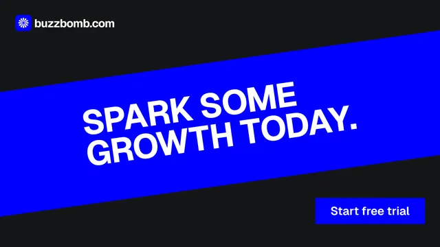 Landscape graphic for BuzzBomb: "Spark some growth today." Brutalist style, diagonal layout, dark palette in blue, black.