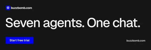 X header for BuzzBomb: "Seven agents. One chat." Swiss style, poster layout, dark palette in black, grey.