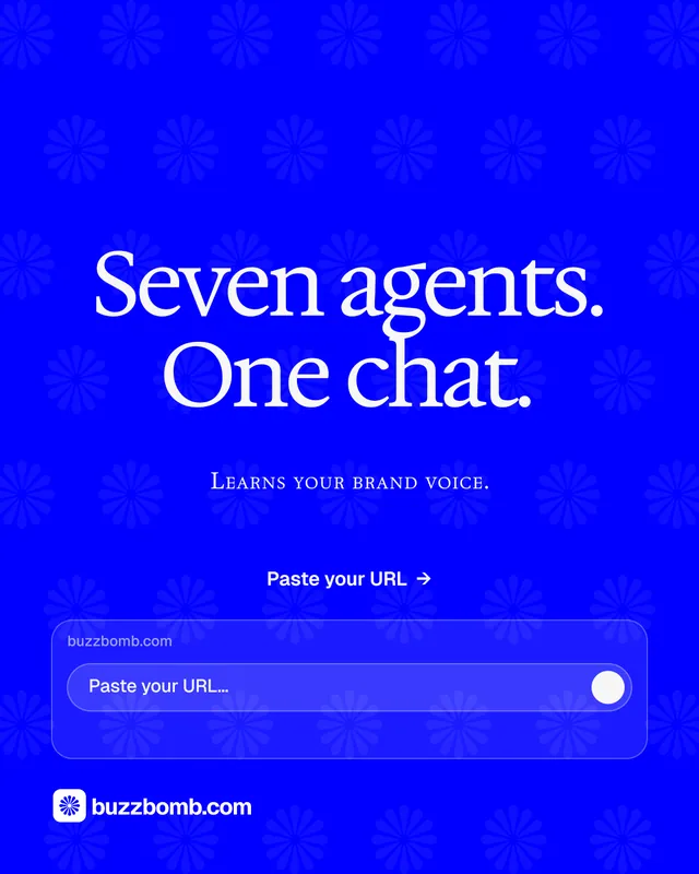 Instagram portrait post for BuzzBomb: "Seven agents. One chat." Split block style, smallcaps layout, dark palette in blue.