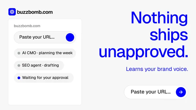 Landscape graphic for BuzzBomb: "Nothing ships unapproved." Agentic glass style, right layout, light palette in white, blue.